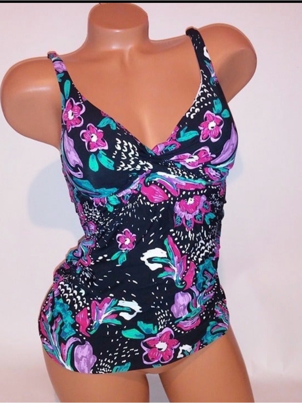 Anne Cole Black Swimsuit tankini with Teal Purple and Pink Abstract Print